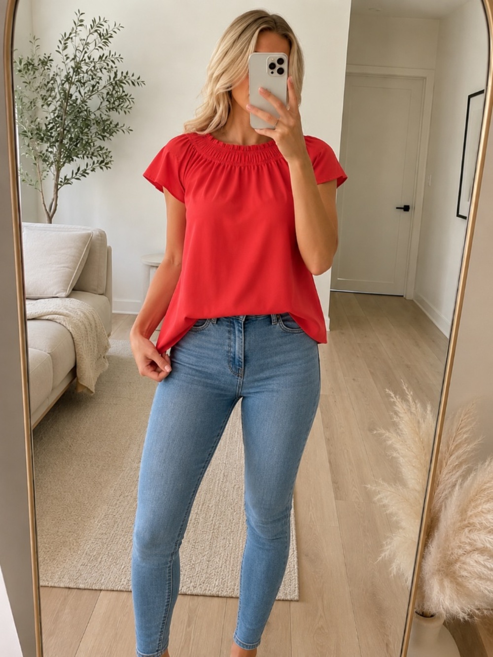 New York & Company Rust Shirred Neck Top Small